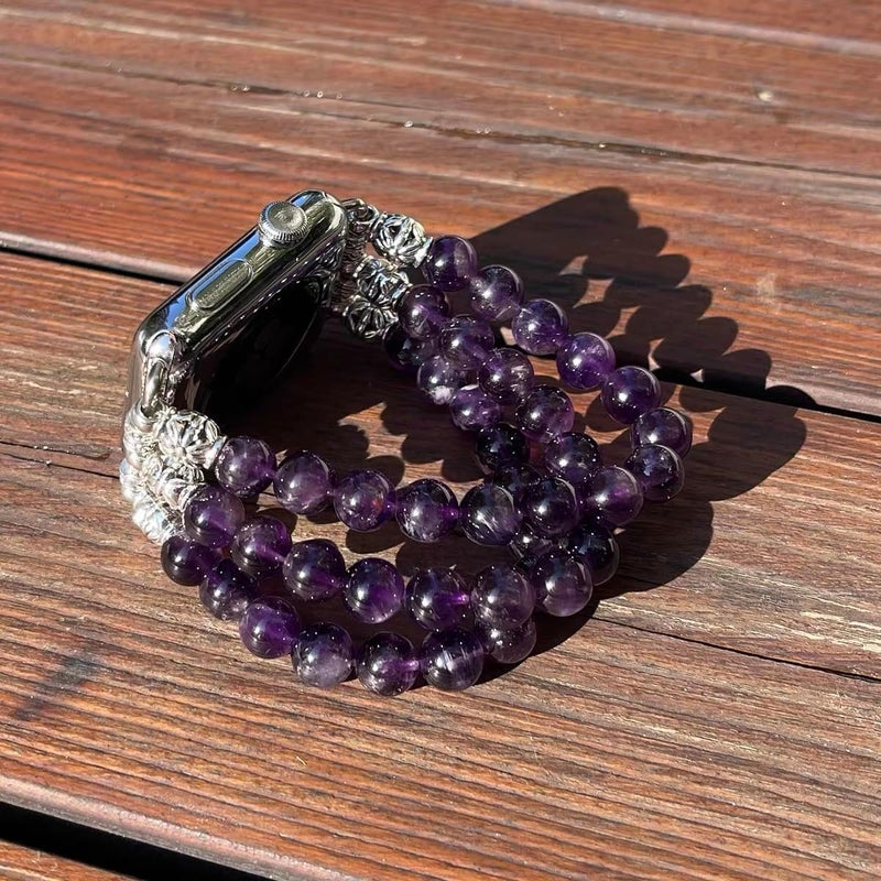 Handmade Amethyst Bracelet Compatible for Apple Watch Band 40mm/38mm/41mm Series 9 8 7 SE Series 6/5/4 Women Fashion Natural Gemstone Stretchy Watch Strap (38mm/40mm/41mm) - Image 3